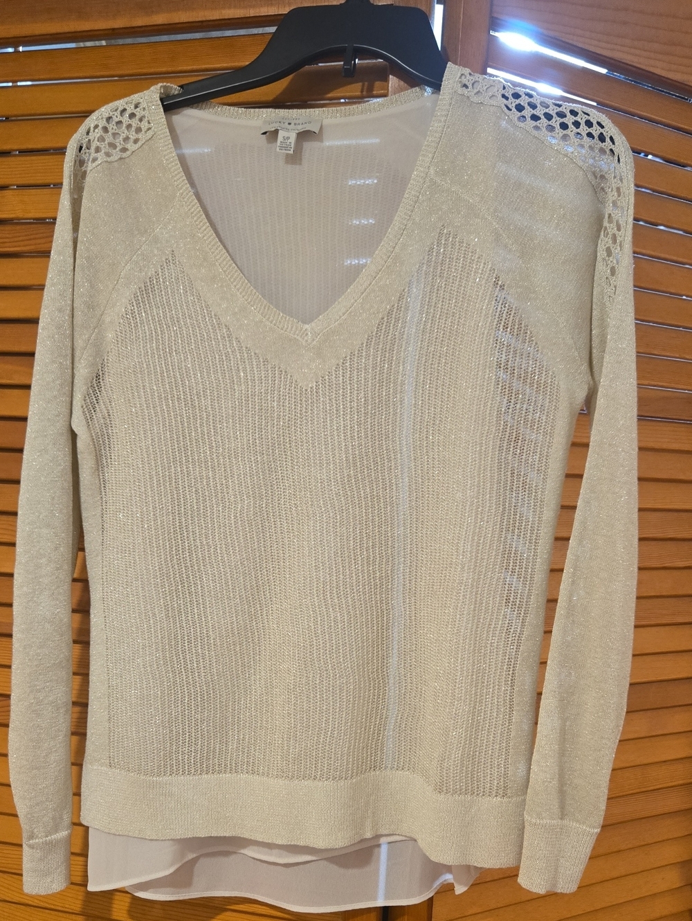 Lucky Brand Cream V-Neck Sweater with Crochet Shoulder Detail